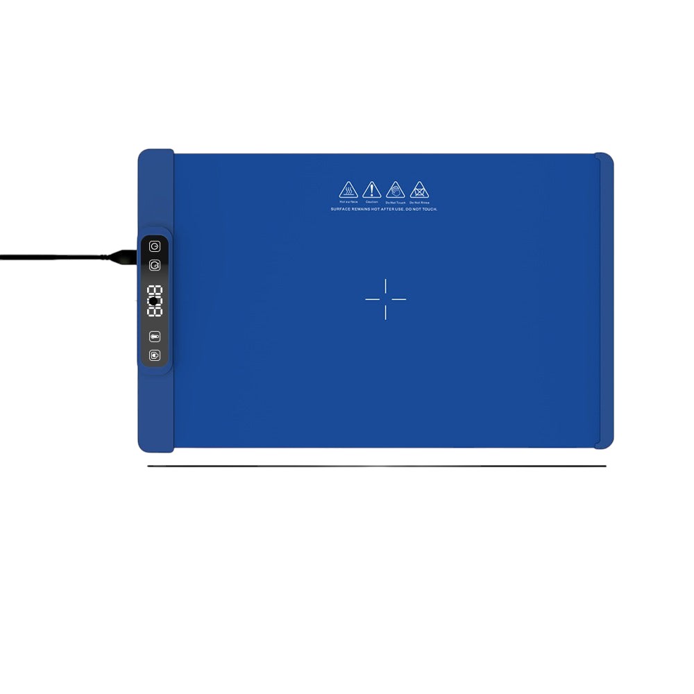 ShopTrendora Rade blue silicone flexible heating pad with digital temperature display and power cord.
