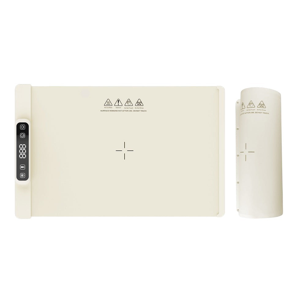 ShopTrendora™ beige silicone heating pad with digital display, flexible and rollable design for food warming.