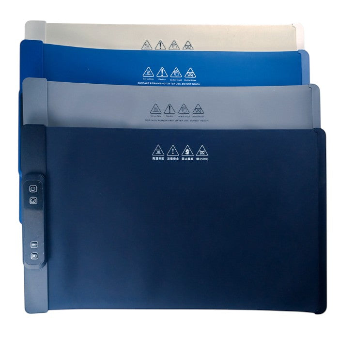 ShopTrendora™ flexible silicone heating pad in navy blue with digital controls, also available in blue and grey